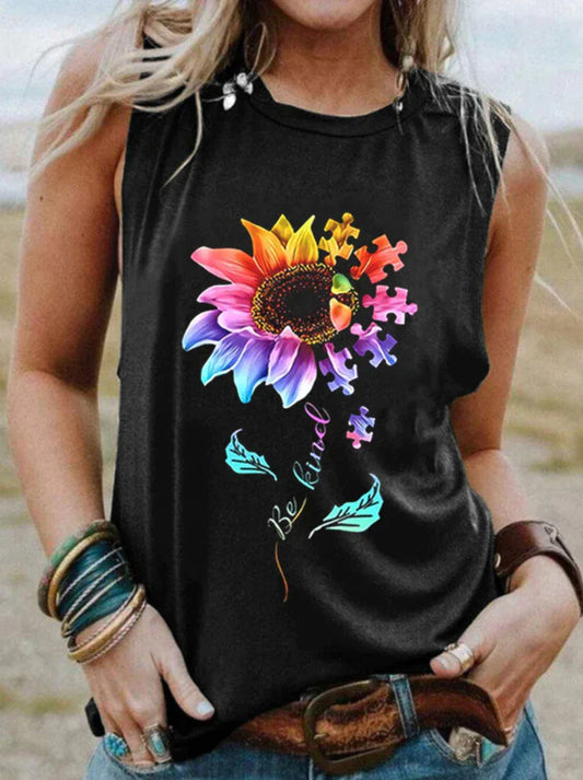 Multicolour Flower Print Sleeveless Round Neck Female T-shirt