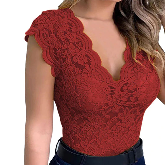 Best-selling summer V-neck hollow tight-fitting top pure color pullover lace shirt.