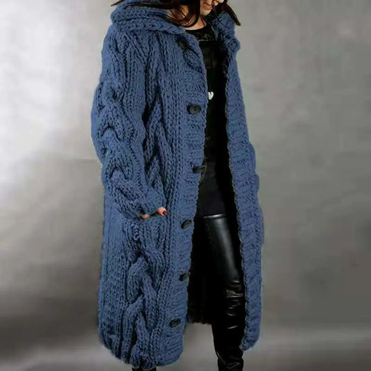Langer Pullover-Cardigan für Damen mit Kapuzenkragen