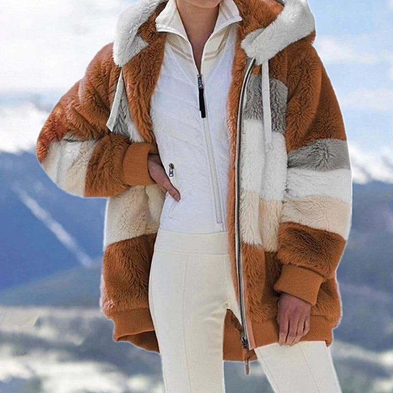 Cappotto con cappuccio multicolore in peluche allentato autunno inverno nuovo arrivato Cerniera femminile caldo casual