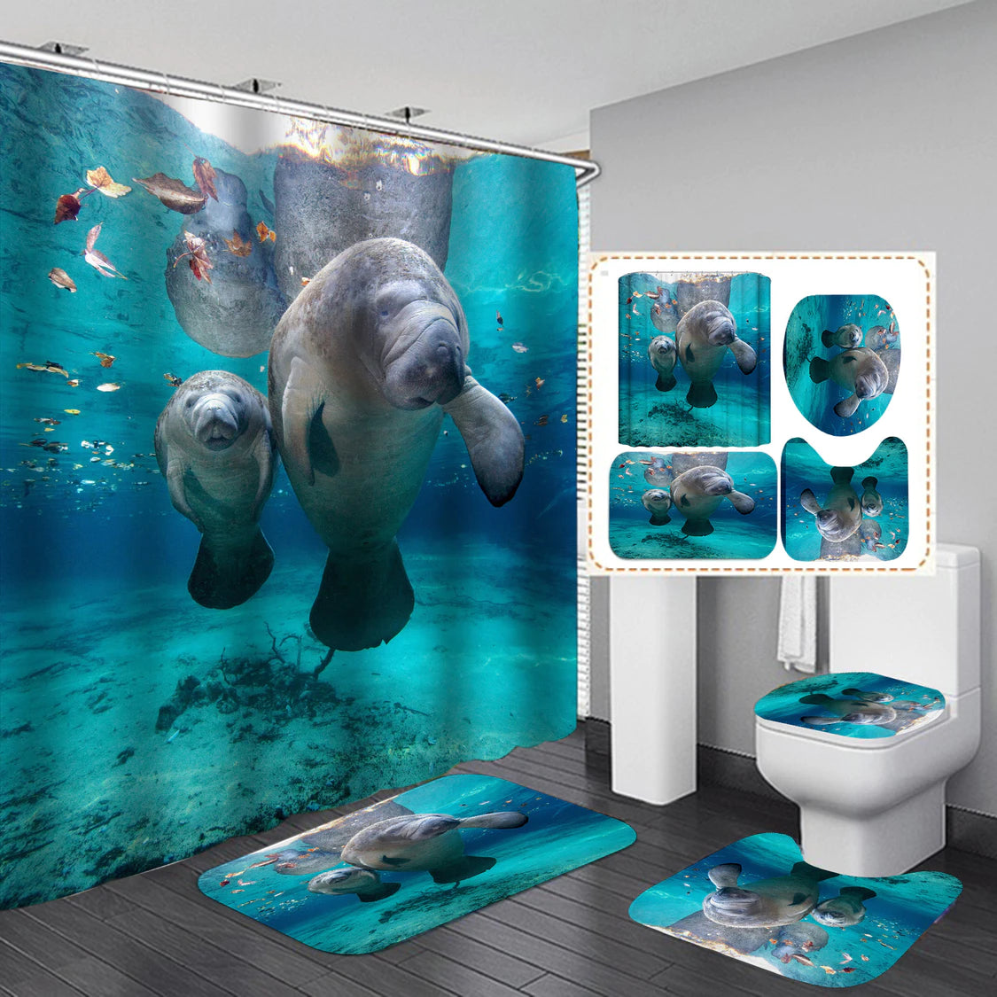Cuscino per sedile WC Set di tende da doccia impermeabili Tappetino per WC oceanico Tappetino da bagno antiscivolo e confortevole 