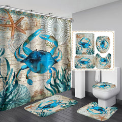 Toilet Seat Cushion Waterproof Shower Curtain Set Ocean Toilet Lid Carpet Non-slip And Comfortable Bathroom Mat Bathing
