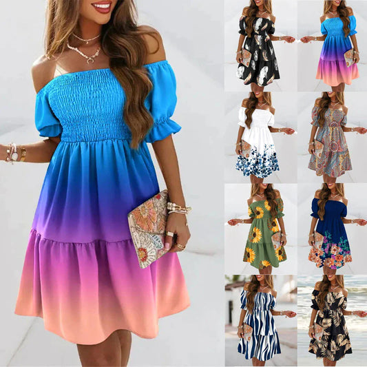 Undefined Short-sleeved One-piece Collar Waist-skimming Pleated Print Dress