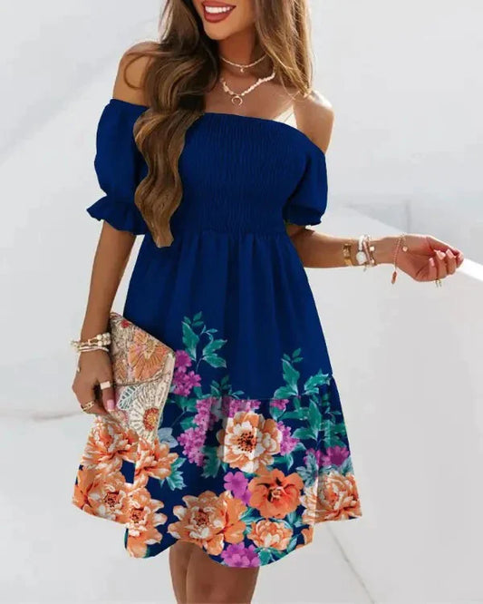 Undefined Short-sleeved One-piece Collar Waist-skimming Pleated Print Dress