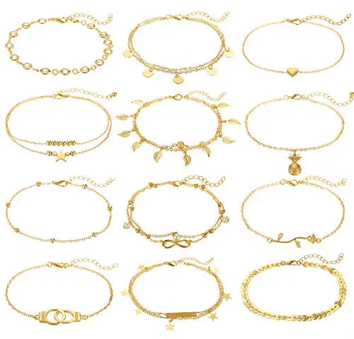 FUNEIA 12/16Pcs Anklets for Women Silver Gold Ankle Bracelets Set Boho Layered Beach Adjustable Chain Anklet Foot Jewelry