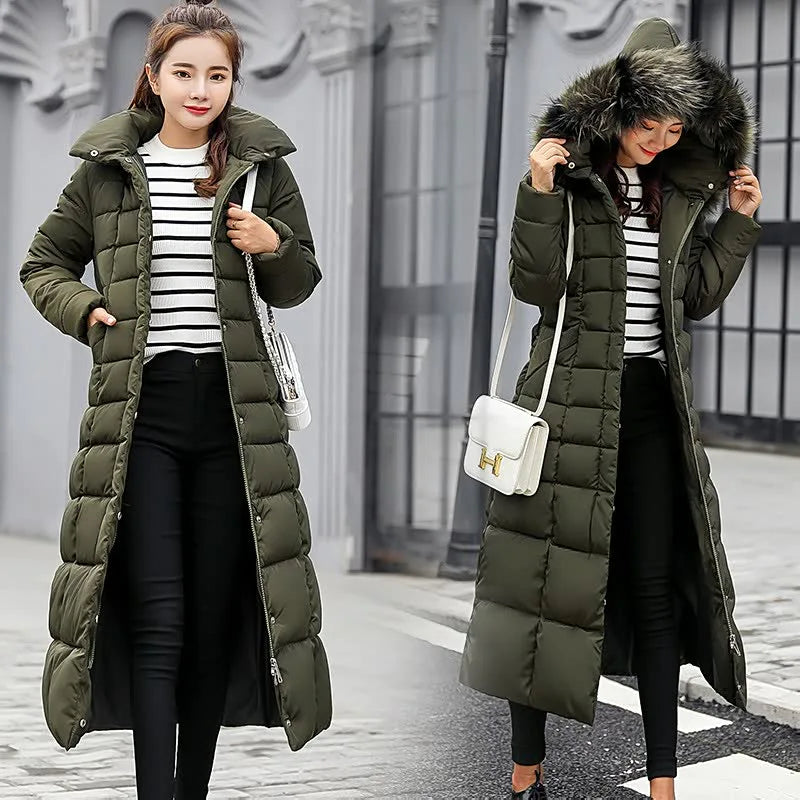 Winter Lace-up Long Thigh-high Thick Warm Hooded Plain Big Collar Cotton Clothes
