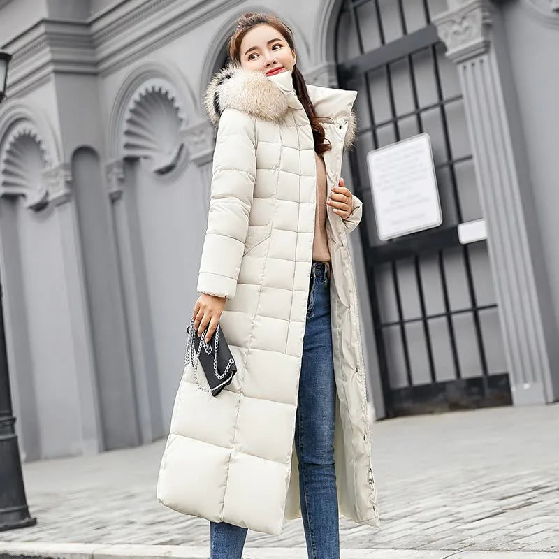 Winter Lace-up Long Thigh-high Thick Warm Hooded Plain Big Collar Cotton Clothes