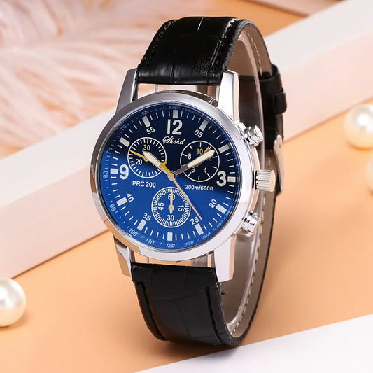 Men's Tungsten Steel and Leather Quartz Digital Water Resistant Watch