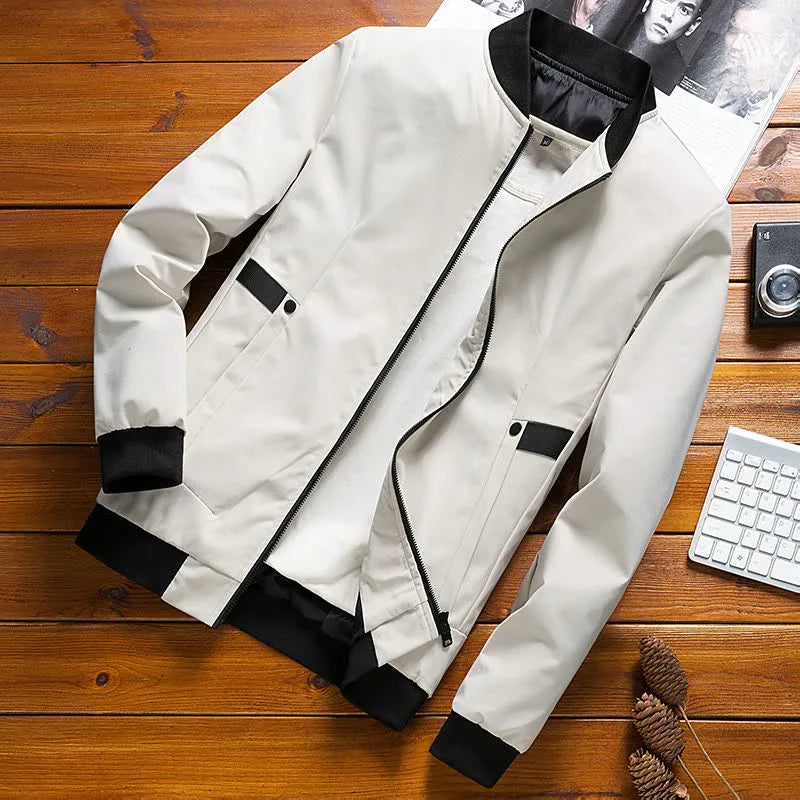 Autumn Thin Men's Baseball Collar Stripe Plain Fitting Coat Casual Jacket Male