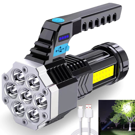 Hochleistungs-LED-Taschenlampe, leistungsstarke wiederaufladbare USB-Taschenlampe, tragbare Hand-Außenlampe, eingebaute Batterie, COB 7 LED-Taschenlampen