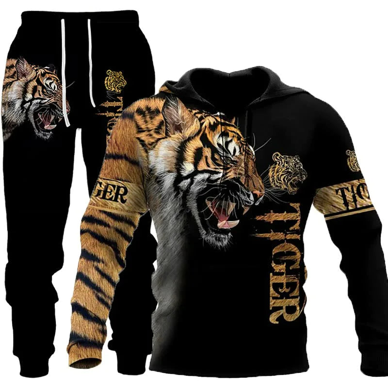 Men's Casual Autumn and Winter Tiger Print Tracksuit