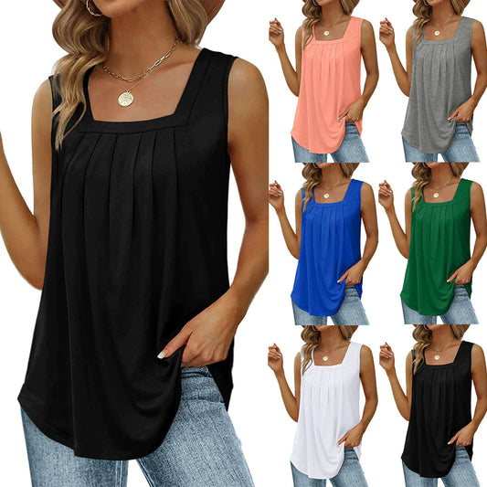 Women Summer Loose Vest Pleated Square Neck Sleeveless Top Curved Hem Top