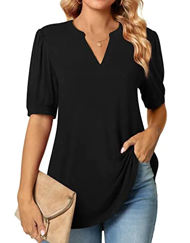 Women's Puff Short Sleeve Tops Dressy Casual V-Neck Blouse