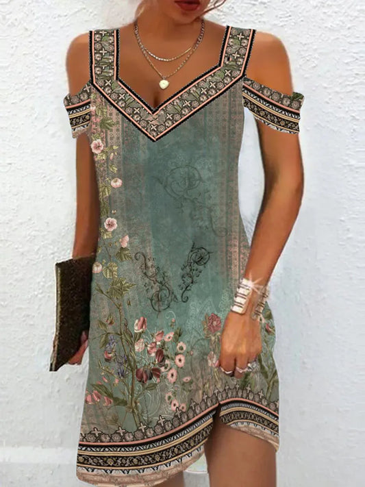 Summer Vintage Ethnic Style Printed Casual V-neck Dress