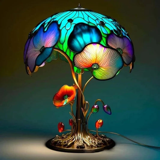 Vintage Tischlampe aus Buntglas-Pflanzenserie