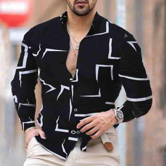 Camicia casual da uomo in fibra di poliestere con colletto risvoltato e maniche lunghe 