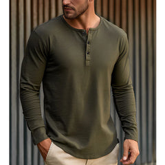 Solid Color Men's T-shirt Men's Bottoming Shirt Three-button Henley Neck Men's Long Sleeve T-shirt Top