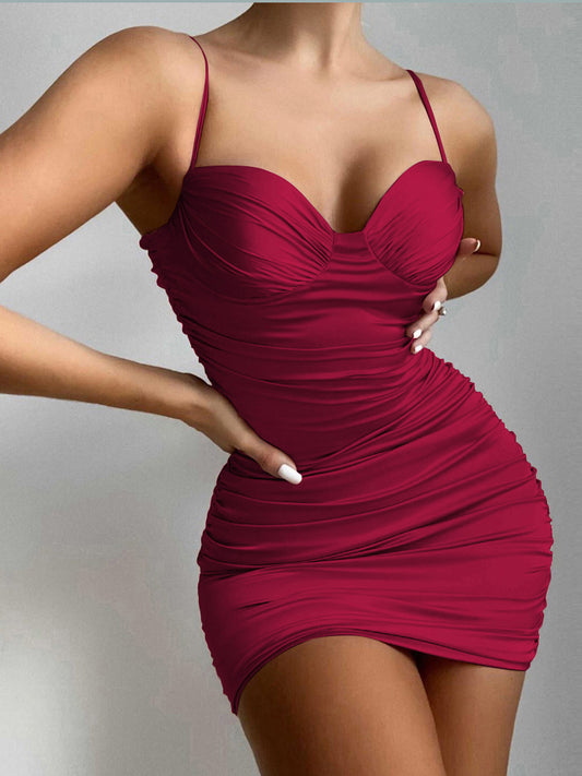 Women's Sexy Low-cut Suspender Pleated Hip-hugging Dress