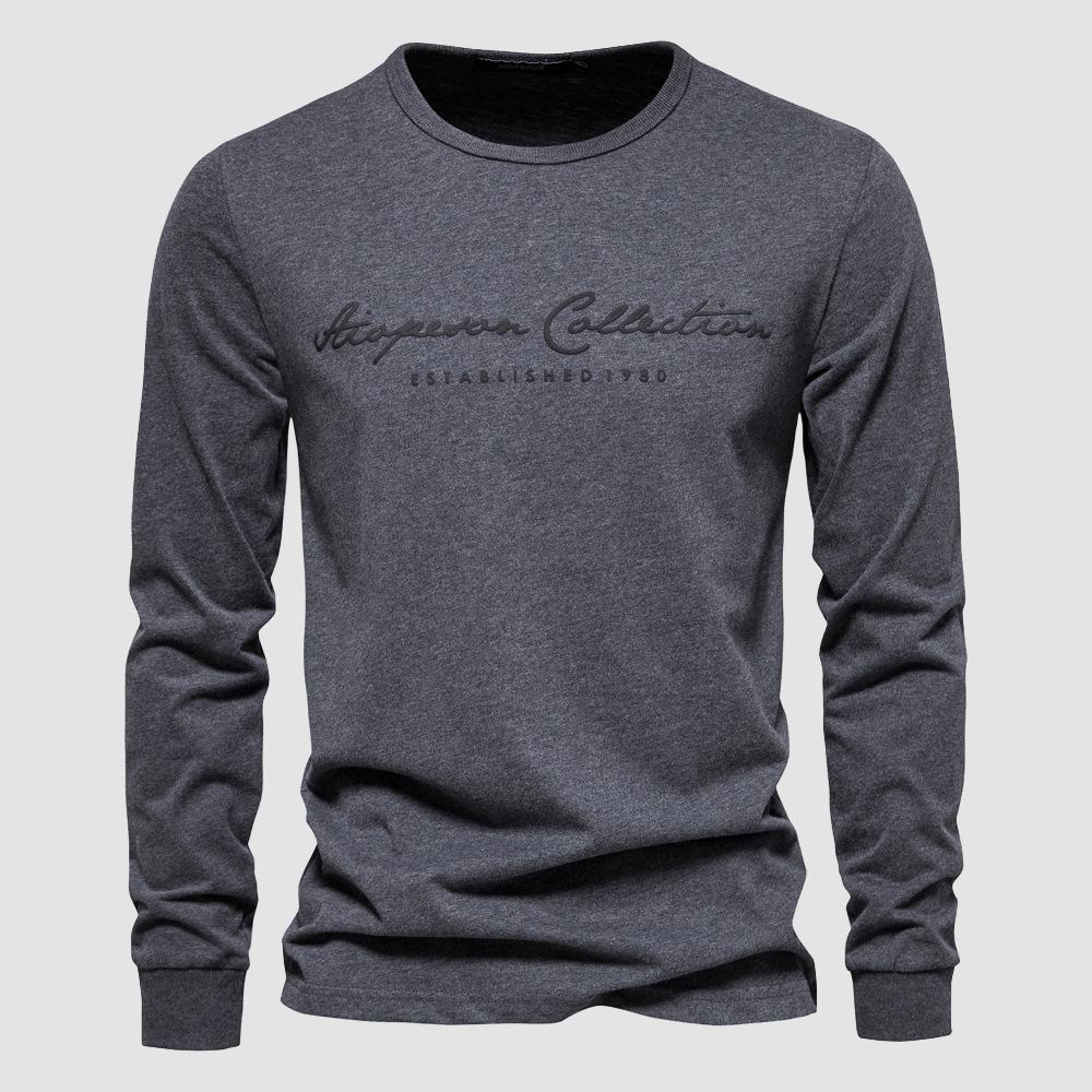 Men's Solid Color Casual Sports Round Neck Cotton Letter Printed Long Sleeve T-shirt
